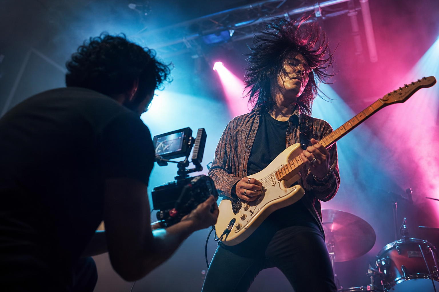 Caméraman filmant un guitariste sur scène sous des éclairages magenta et cyan pour un clip musical