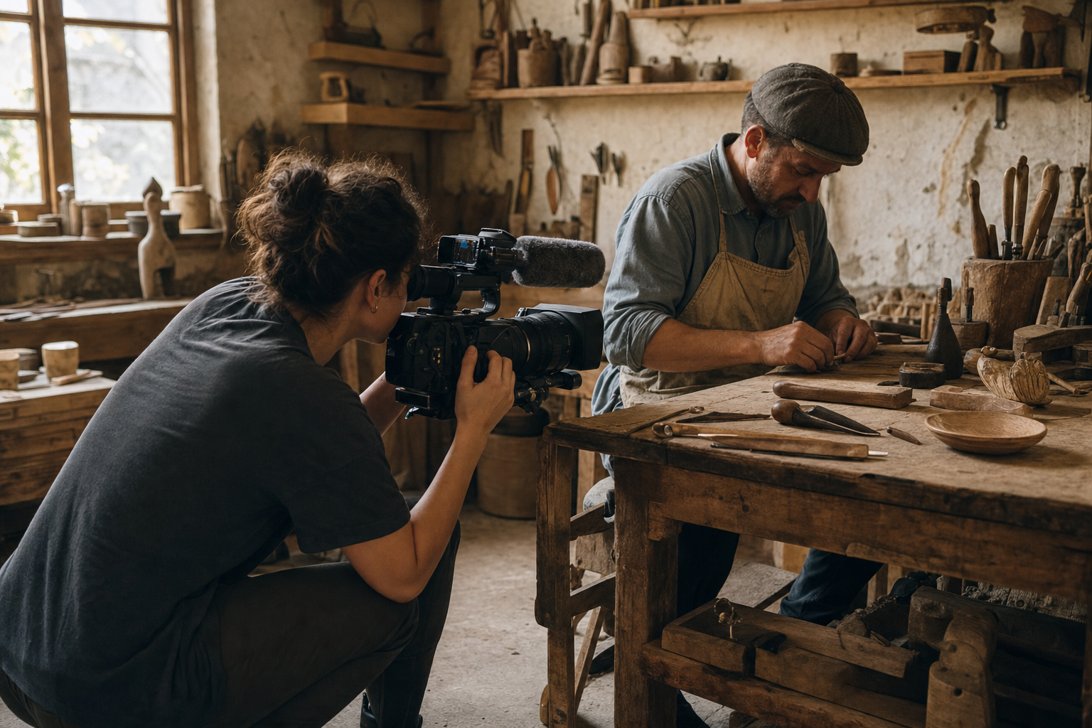 Réalisatrice filmant un artisan au travail dans son atelier pour un documentaire de terrain